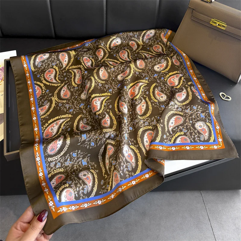 Paisley Houndstooth Printed Square Scarf For Women Coffee Color Thin Smooth Neckerchief Vintage Style Sunscreen Headscarf 70cm