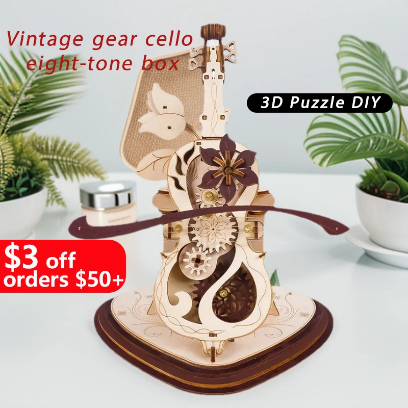 

3D Wooden Music Box Wooden Mechanical Puzzle DIY Magic Cello Moveable Stem Funny Creative Music Instrument Toys for kid's Gifts