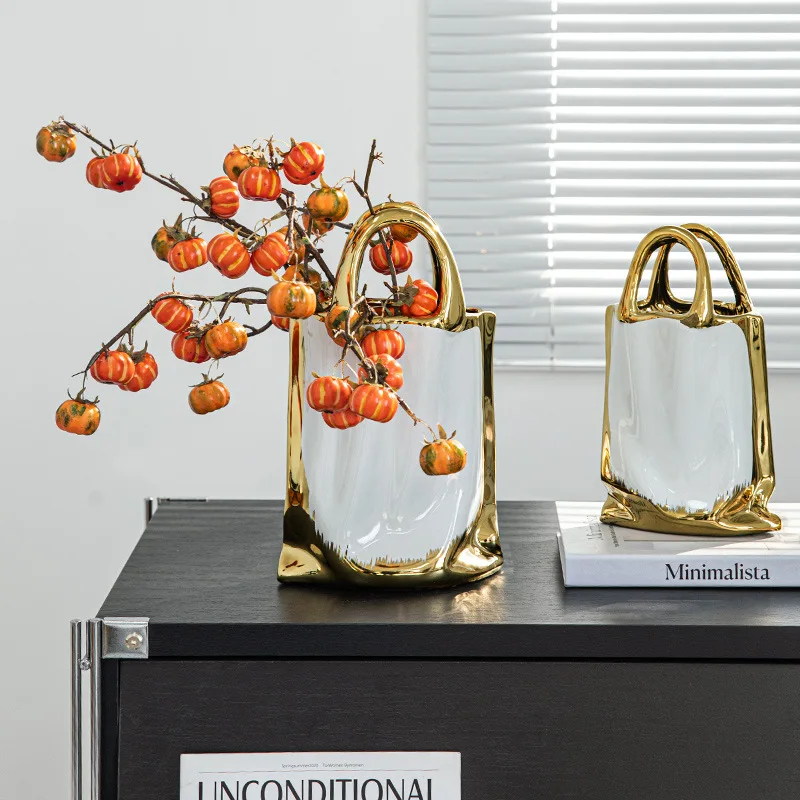 Handbag Shape Vase Gold-plated Ceramic Plant Pot Table Decoration Flower Arrangement Flowers Vases
