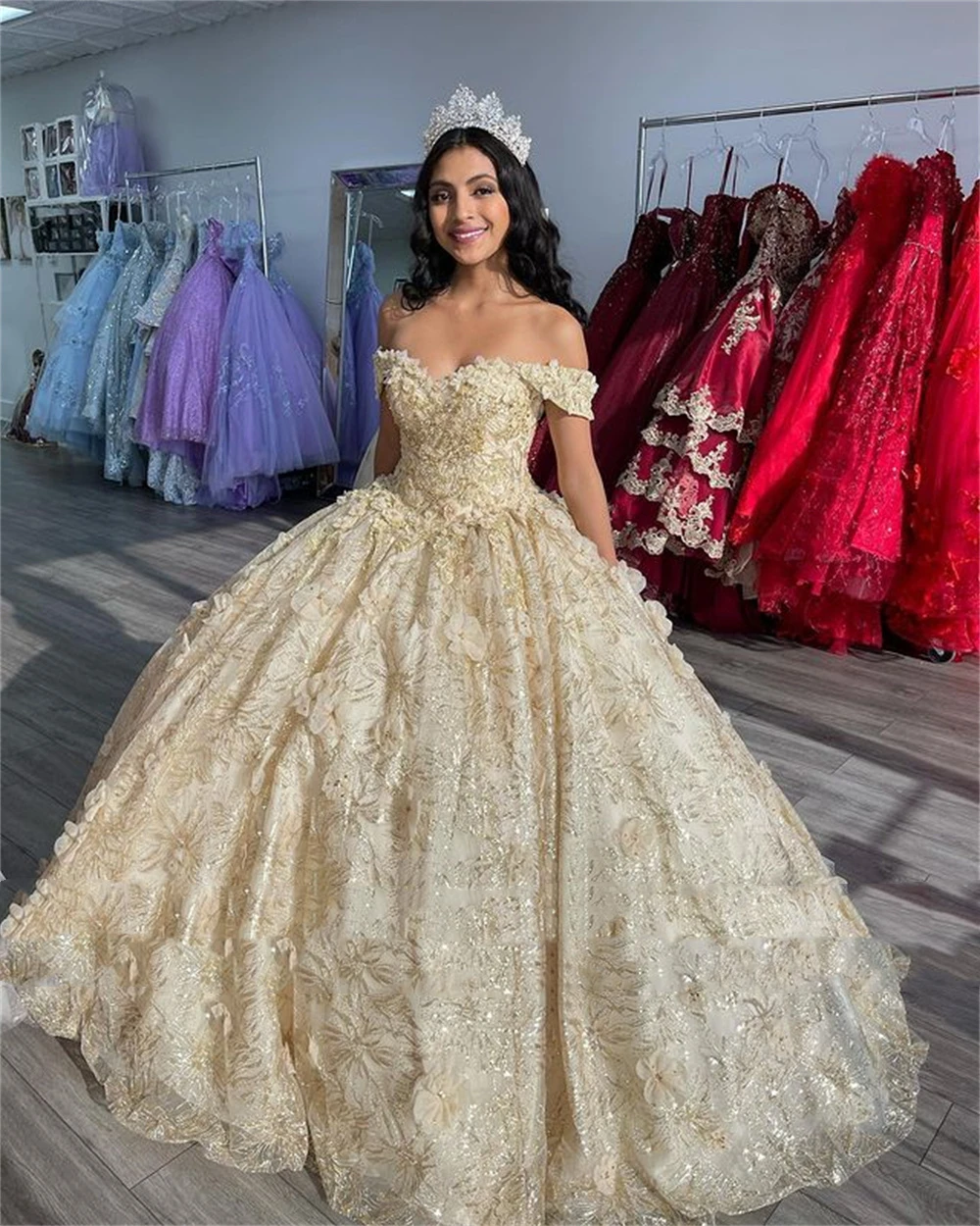 Haute Couture Charming Champagne Princess Ball Gown Quinceanera Dress Off Shoulder Appliques Beads Sweet Sequins Dress