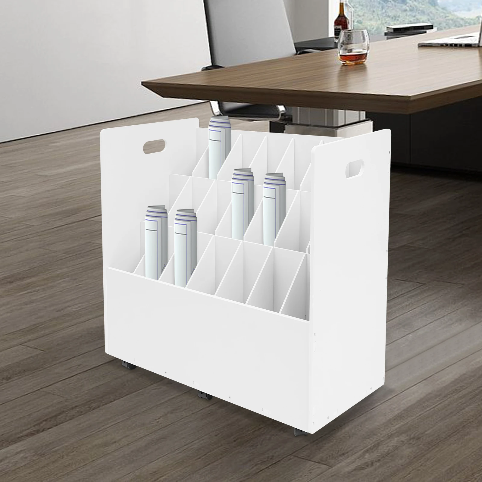 White PVC 72 * 76 * 40cm 21-slot Drawing Rack with Brake Wheel File Storage Cabinet Blueprint Paper Finishing Rack