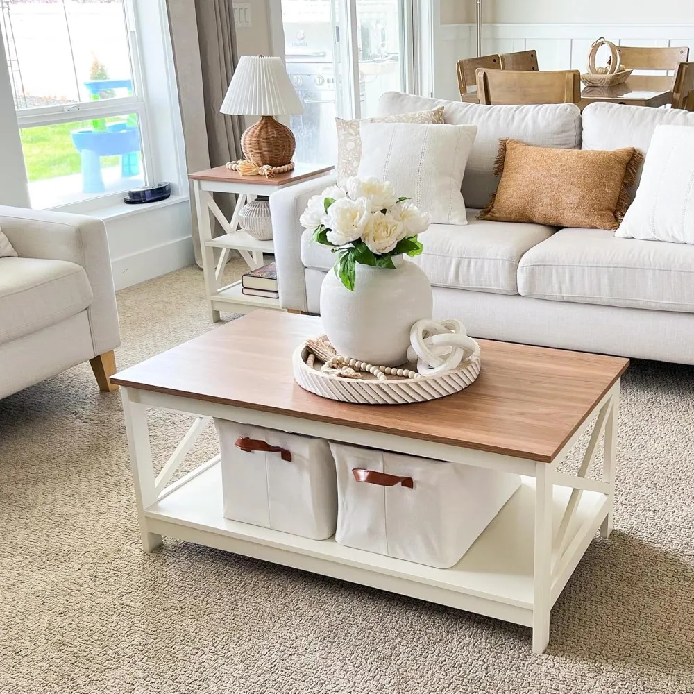 

Coffee Table - Modern Coffee Tables with Storage for Living Room Shelf 2 Tiers, Farmhouse Coffee Table Set