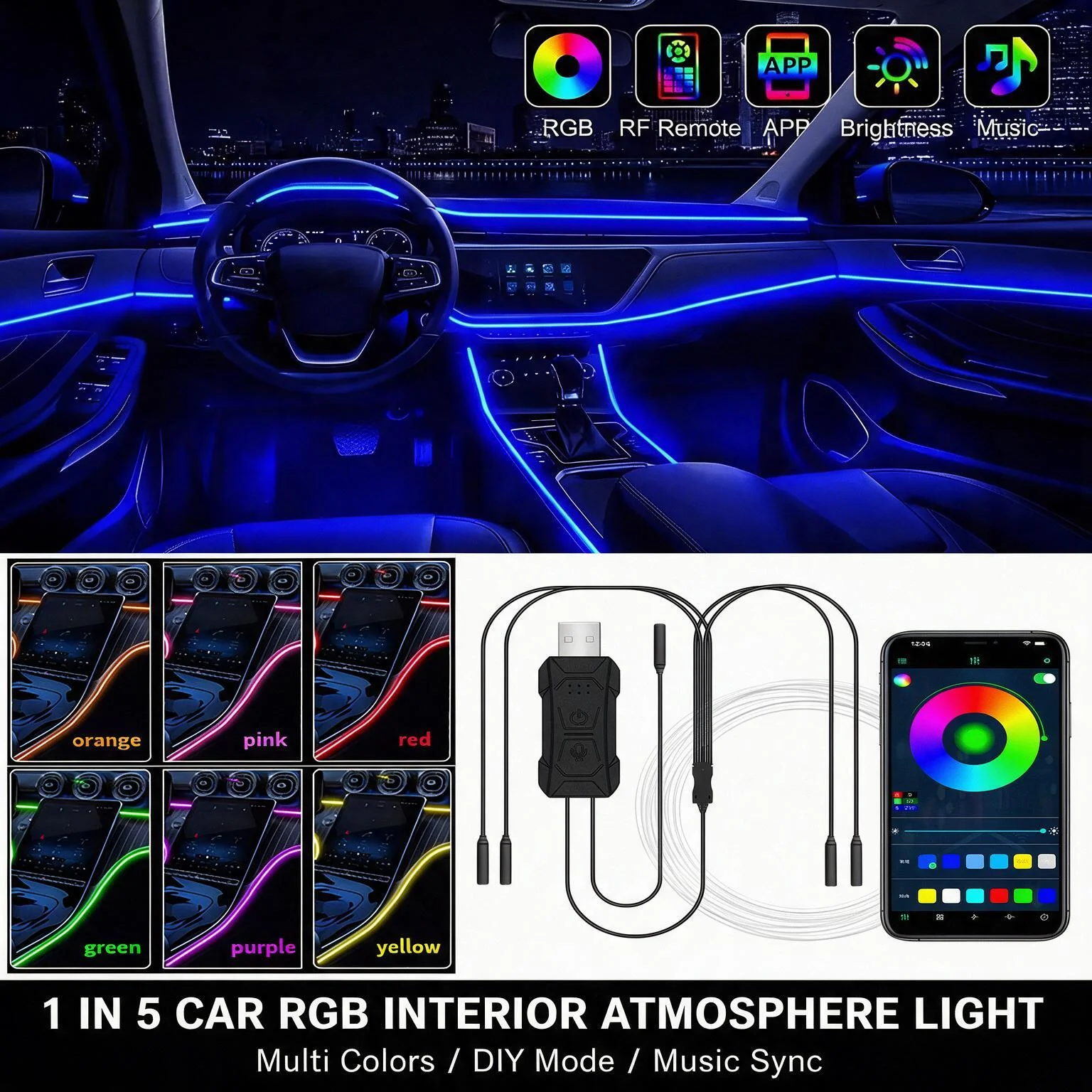 1 to 5 Car RGB Ambient LED Light Strip USB Fiber Optic Atmosphere Neon Invisible Light APP Control Music Sync RF Remote Brightness Adjustable Multi Color for Center Console Door Dashboard Interior Decoration Auto Accessories