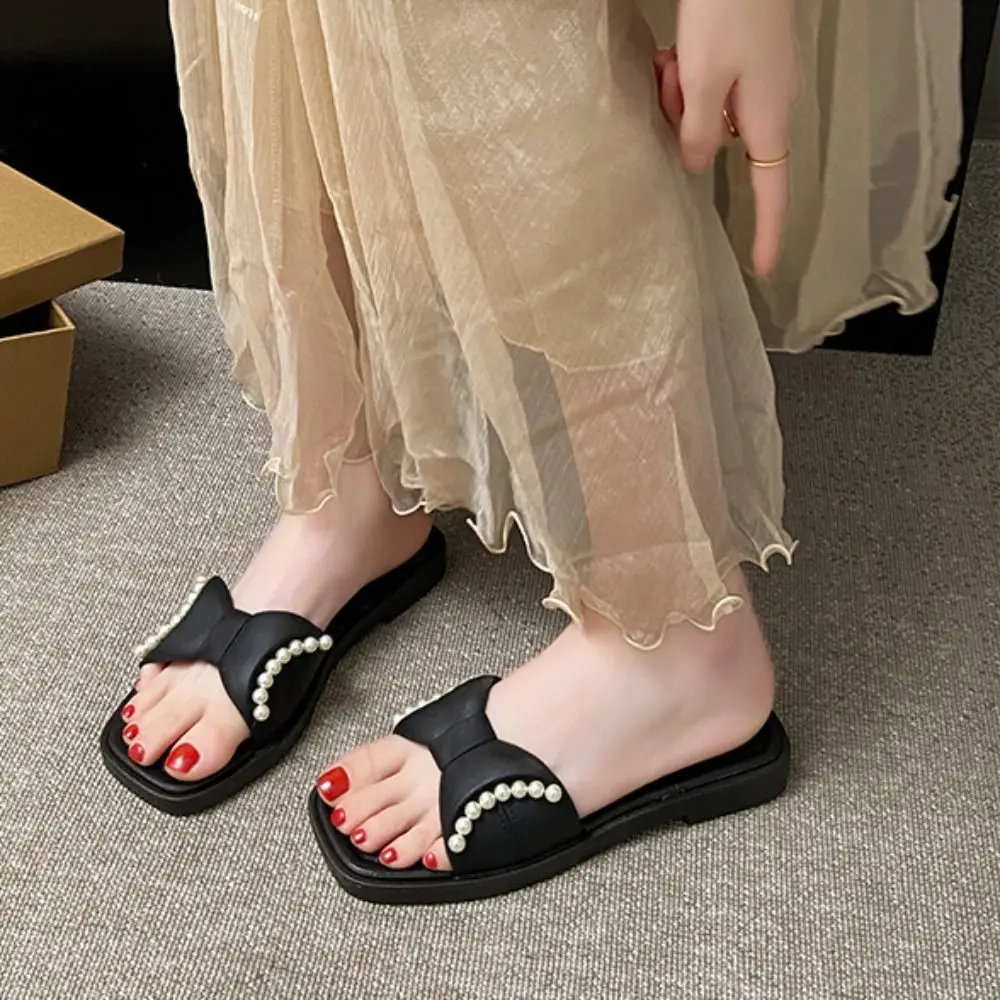 

All Match Soft Sole Bowknot Flat Slippers Anti Slip PVC Pearl Slides Sandals Beach Shoes Low-heel Slippers Women Beachwear