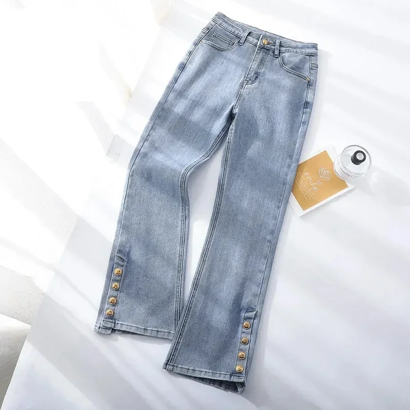 

Elastic Jeans Women's Spring Autumn 2024 New Ladies Slim High Waisted Flared Pants Female Denim Split Cut Casual Trousers