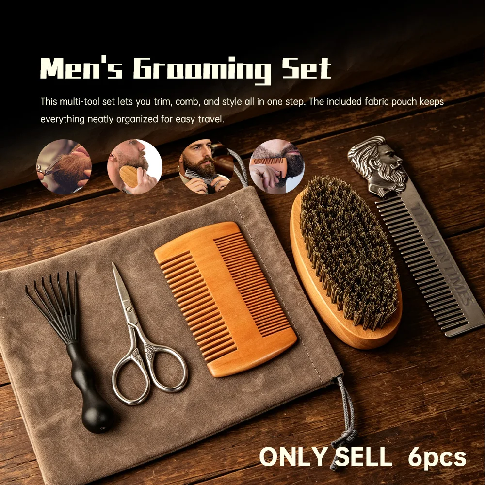 Portable Men's Beard Care Set, Natural Boar Bristle Brush, Wooden Comb, Embossed Hair Comb, Vintage Beard Scissors, Brush Cleaning Tool, Daily Beard Grooming and Styling Travel Set, Gift for Boyfriend or Husband