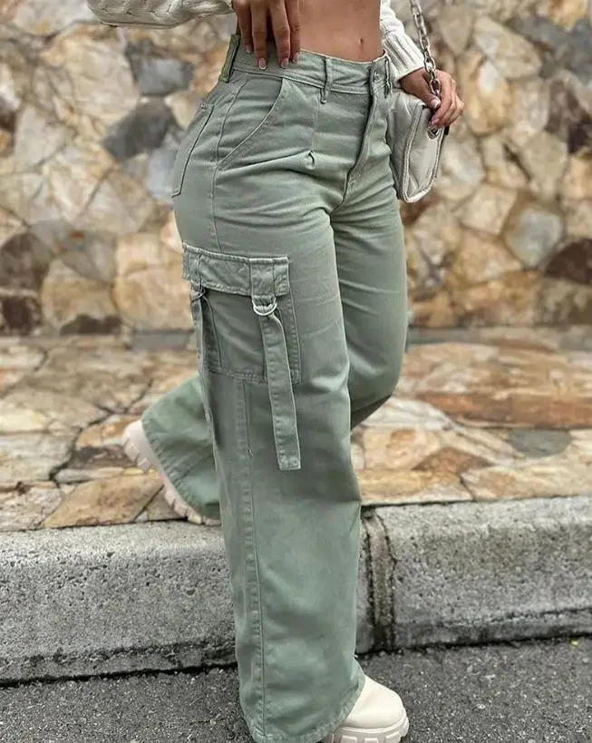 

Green Cargo Pants Pocket Design High Waist Button Solid Color Pants 2023 Summer New Fashion Loose Women's Pants Streetwear