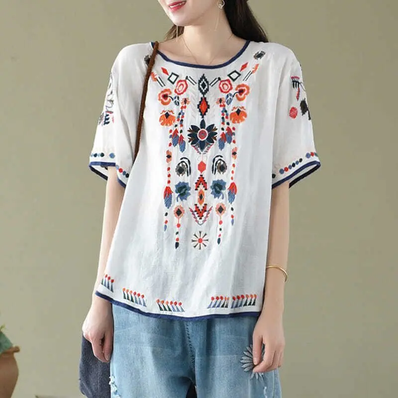 

Ethnic Embroidery Cotton Linen Short Sleeve T-Shirt 2026 Summer Women Artsy Retro Top Clothing Female Comfortable Loose T-shirt