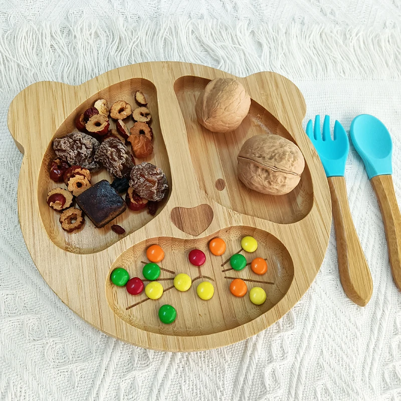 Customized Cartoon Baby Silicone Tableware Food Grade Silicone Bowl Waterproof Spoon Bamboo Wood Dinner Plate Feeding Baby gift