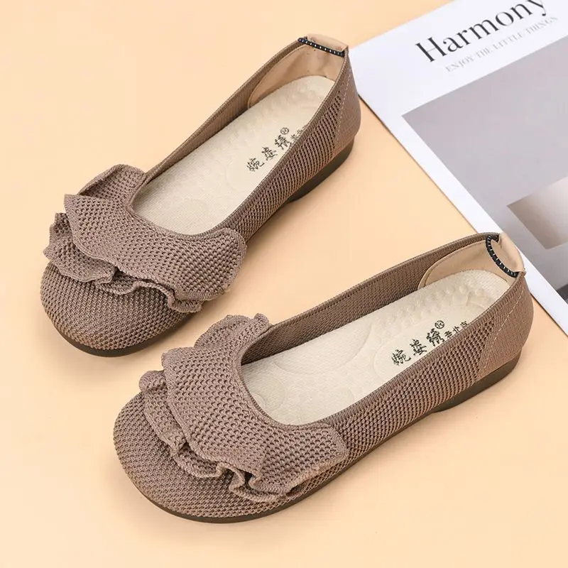 

Comfortable Women Knitted Flat Shoes Navy Blue Ruffle Slip-On Breathable Casual Loafers for Elderly