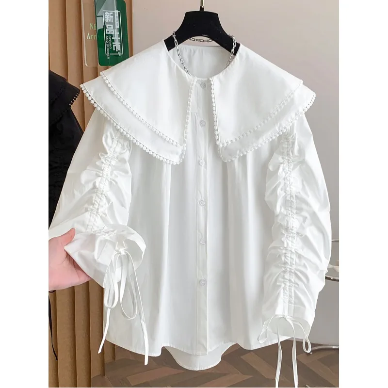 

Loose Fit Doll Collar Shirt Drawstring Sleeve New Spring Casual Style Pure Cotton Long Sleeve Women's Shirt Breathable Skin-F...