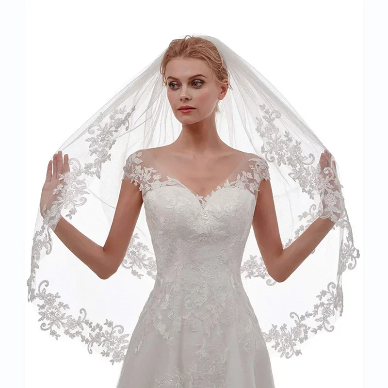 Wedding Bridal Veil 2 Tier Flower Lace Applique Edge Fingertip Length Tulle Veil with Comb for Brides