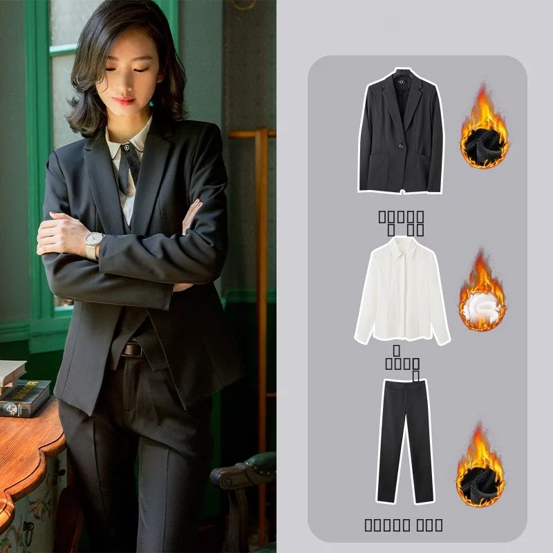 

Thiened Fce Autumn Winter Women's Suit Set Formal Hotel Front Desk Interview Profional Workwear Long Sve Pants