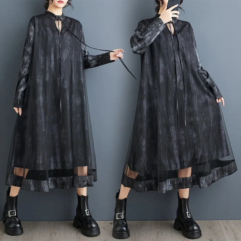 Solto casual e elegante tinta impressa malha dupla camada grande balanço vestido com estilo socialite decote em v rendas até saia longa