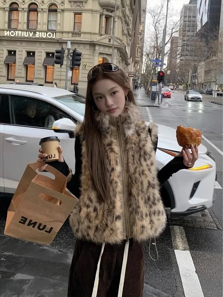 Vintage gradiente leopardo colete de pele do falso feminino gola eco-pele colete outono inverno rua legal zip-front jaqueta