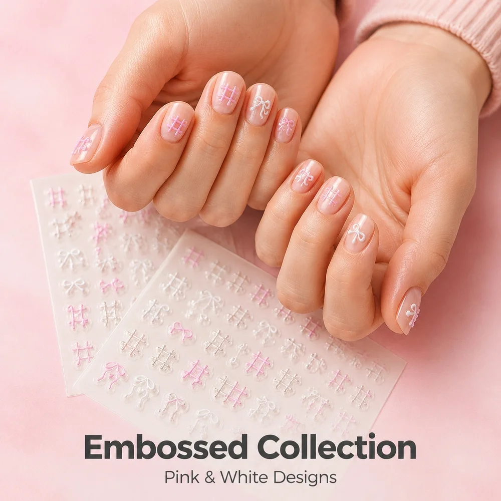 1Pc Kawaii Lace Grid Nail Decals Embossed Pink White Ribbon Bow Tiny Love Heart Waterproof Single Sheet Salon Manicure Accessory