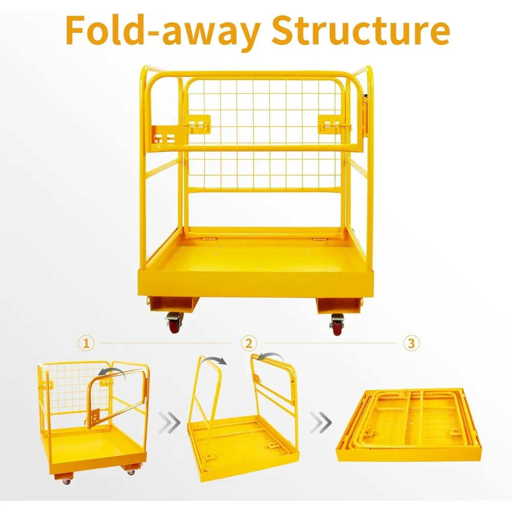 กรงนิรภัยรถยก, ตะกร้ายก 36"x36" นิ้ว, ตะกร้าคนรถยกสําหรับงานหนัก ความจุ 1200LBS พร้อม 4 ล้อ, ชุดนิรภัย