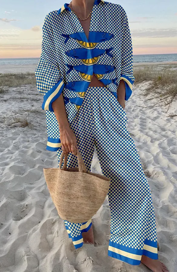 

Fashion Casual Printed 2 Piece Set Loose Lapel Long Sleeve Button Shirt High Waist Wide Leg Pants Suit Spring New Vacation Style