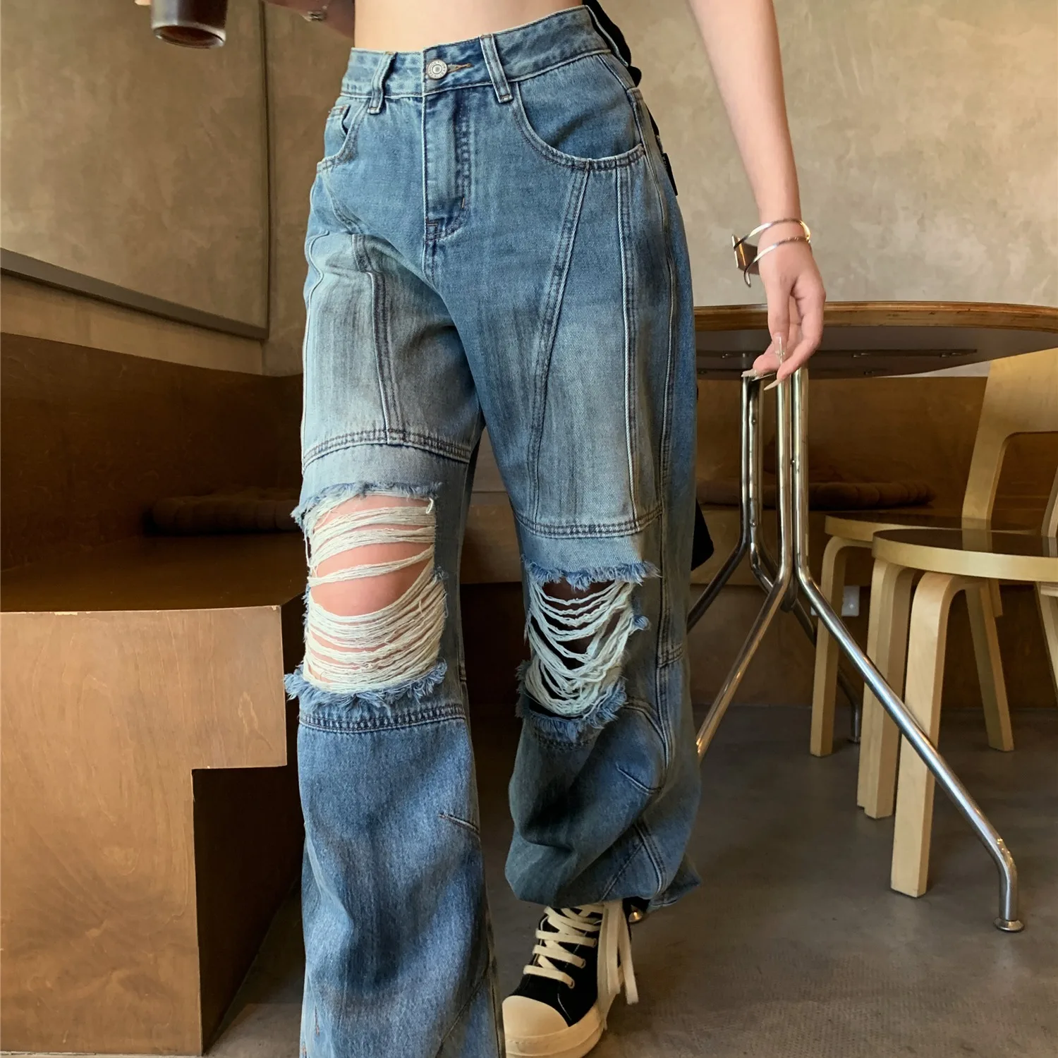 

American Retro Hole Denim Jeans Women Summer New Loose Aged Design Sense Drag Pants Trendy High Waist Wide Leg Straight Cut
