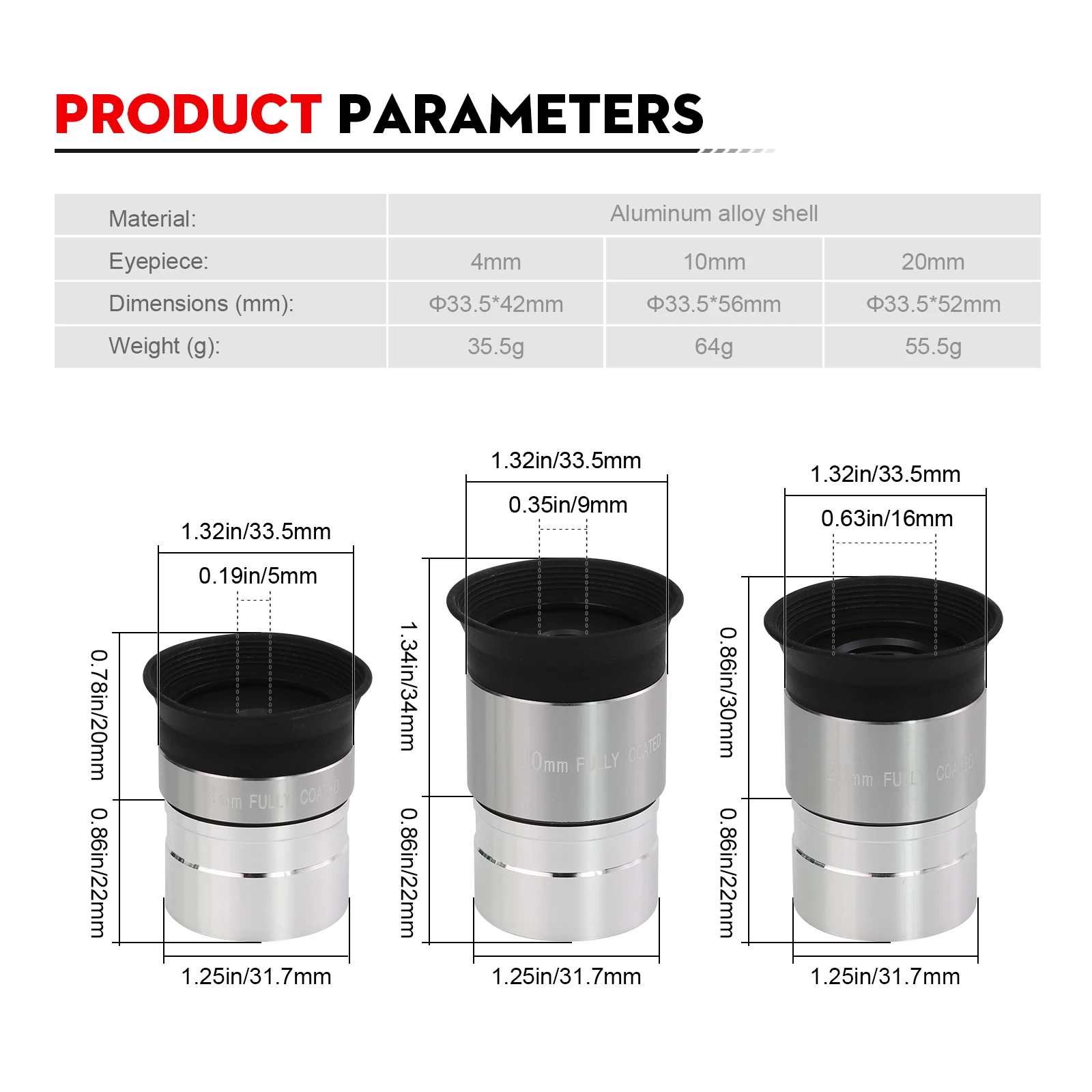 Datyson 1.25 Inch Eyepiece Fully Coated Optical Glass 4mm,10mm,20mm Astronomical Telescope Accessory Metal lens