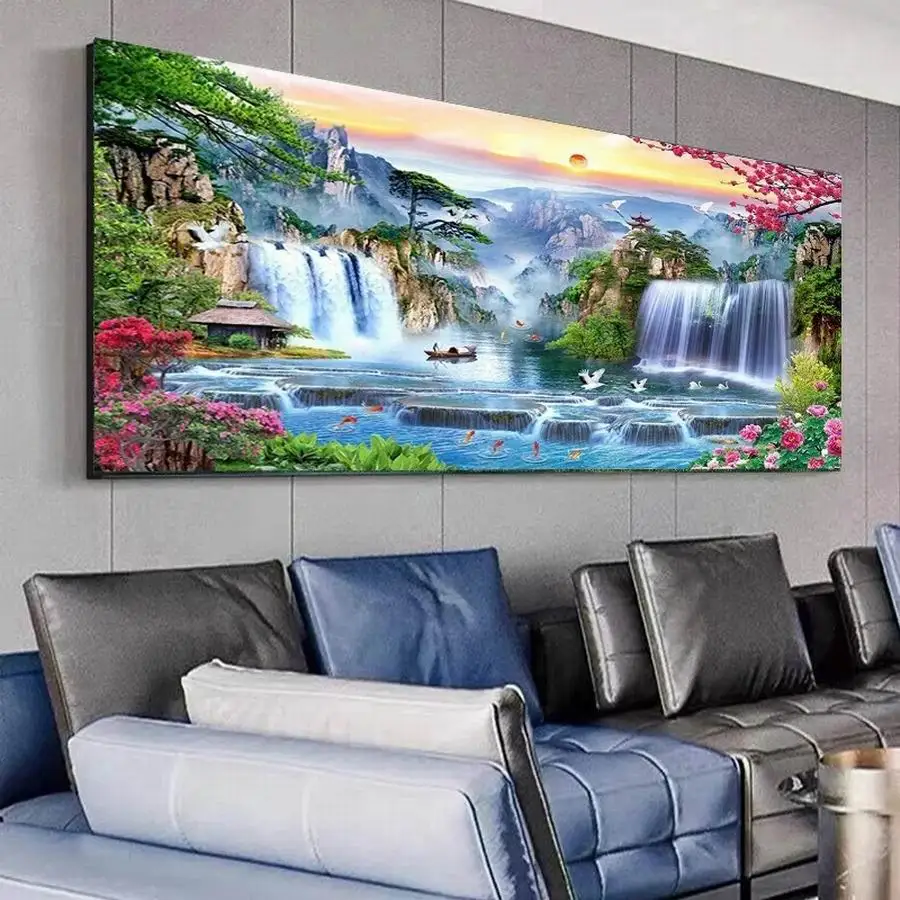 Fullcang Diy Big Size Diamond Painting Natural Scenery Waterfall Full Mosaic Embroidery Mountain Landscape Picture Wall Decor