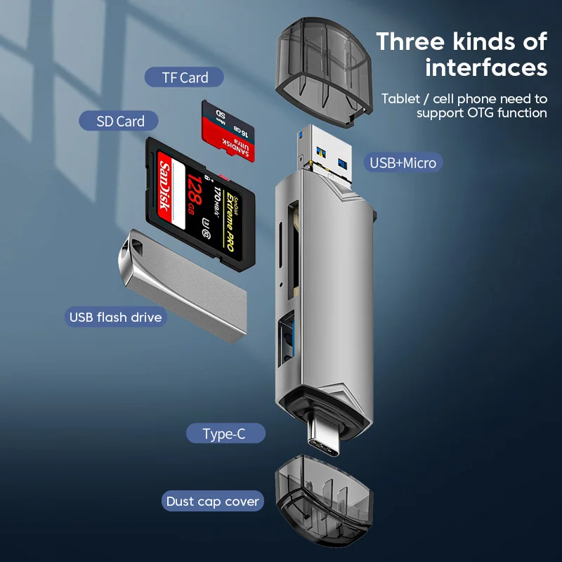 OlPG-Lecteur de carte micro SD OTG type C, adaptateur 6 en 1 USB 3.0 TF, lecteur flash