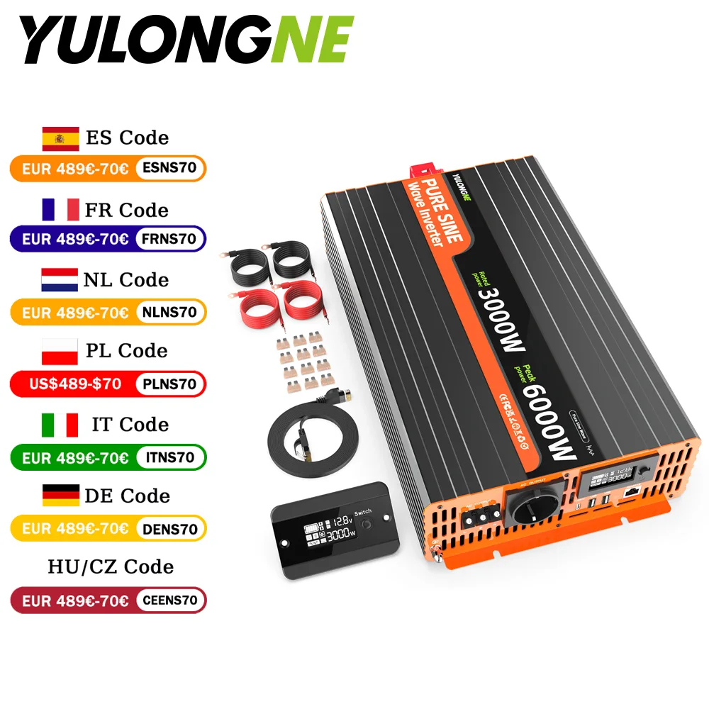 YULONGNE Reiner Sinus-Wechselrichter DC 12V zu AC 230V 1000W 1500W 2000W 2500W 3000W, Spitzenleistung 2000W 3000W 4000W 5000W 6000W Konverter mit Fernbedienung und LCD, EU-Steckdose, EU-Lager, Polen,