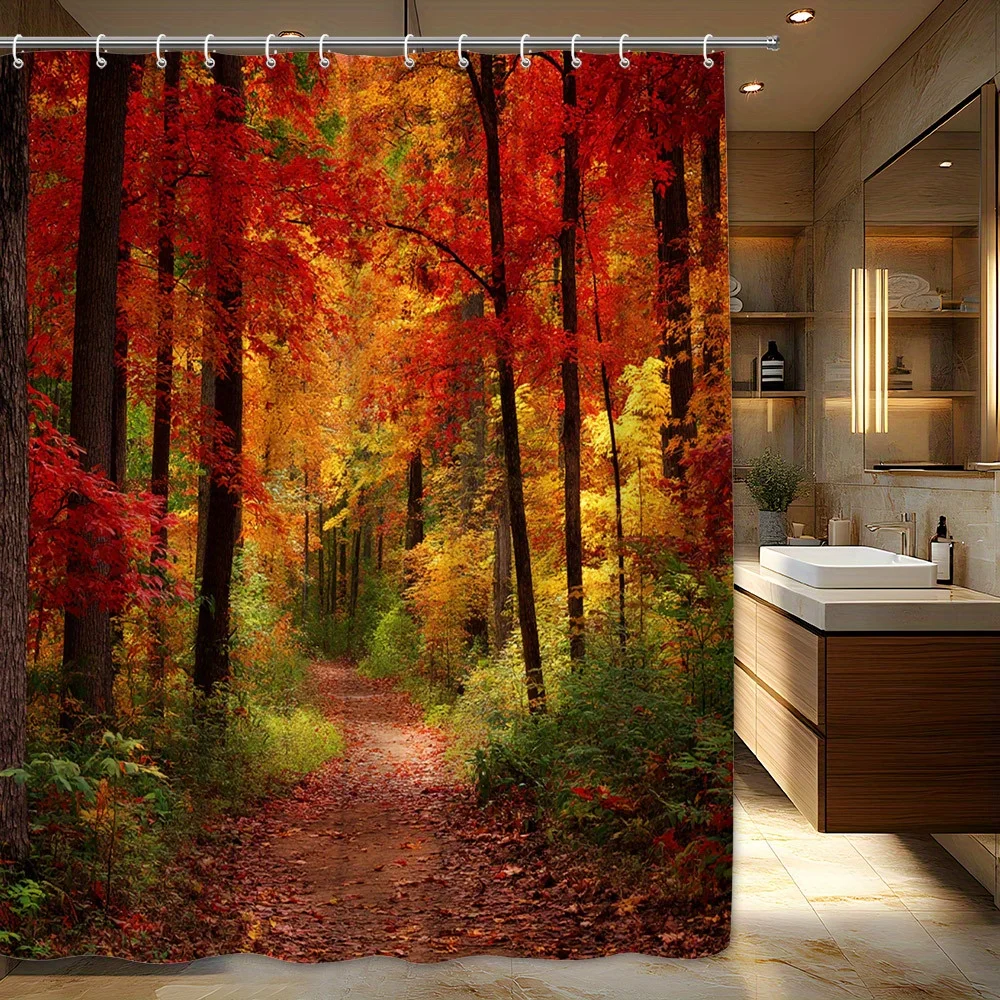1pc Autumn Forest Path Shower Curtain - Tall Slender Trees with Red, Orange, Yellow Foliage & Leaf-Covered Ground in Lush Woodla