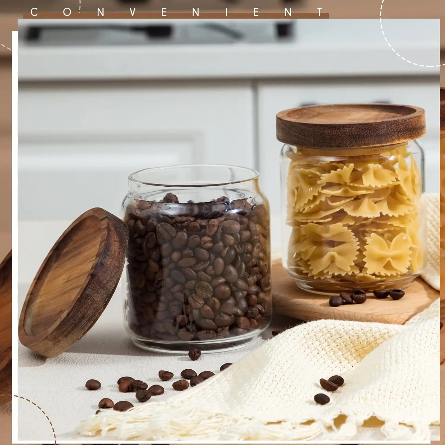 مجموعة حاويات تخزين زجاجية مكونة من 4,15 أونصة برطمانات زجاجية عالية البورسليكات علب طعام المطبخ مع أغطية خشبية لحبوب البن/المكسرات