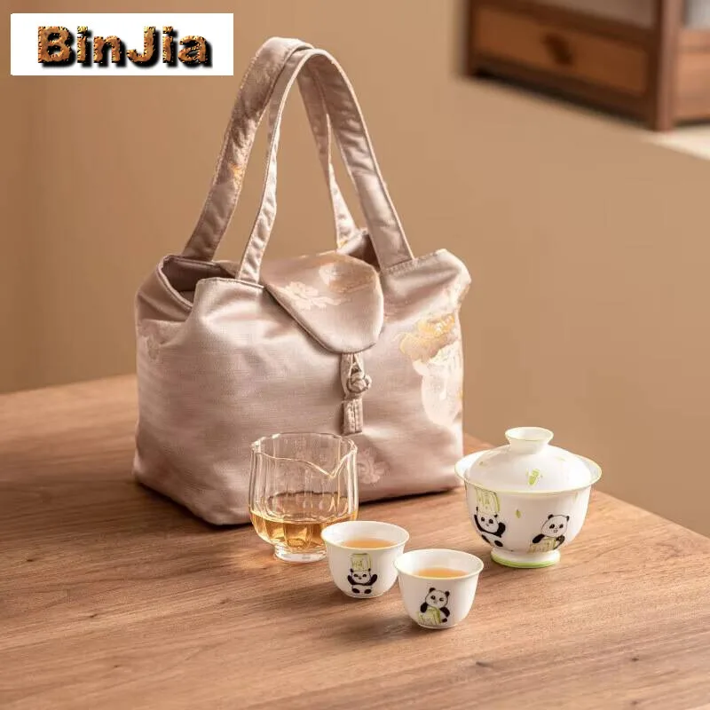 

Hand-Painted Panda Wealth Travel Tea Set Household Portable Brocade Bag Creative 1 Pot 2 Cups Tote Collection Gifts