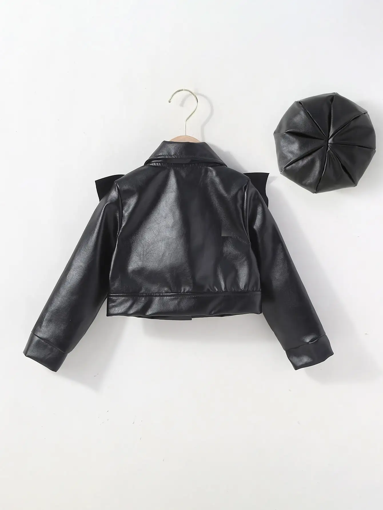 Fashion Kids PU Leather Jacket Long Sleeve Turn-down Collar Zipper Closure Casual Outwear For Girls Boys(With Hat)