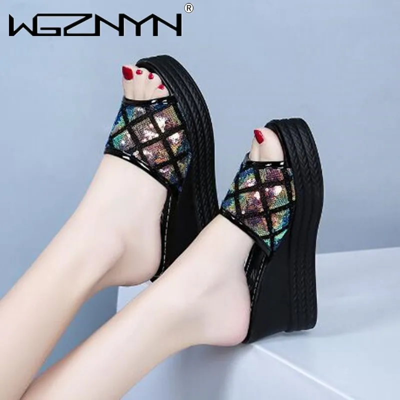 NEW Summer Women Sequined Cloth Slippers Bling Wedges Platform Beach Casual Slides Woman Shoes Ladies Slippers Footwear 2023