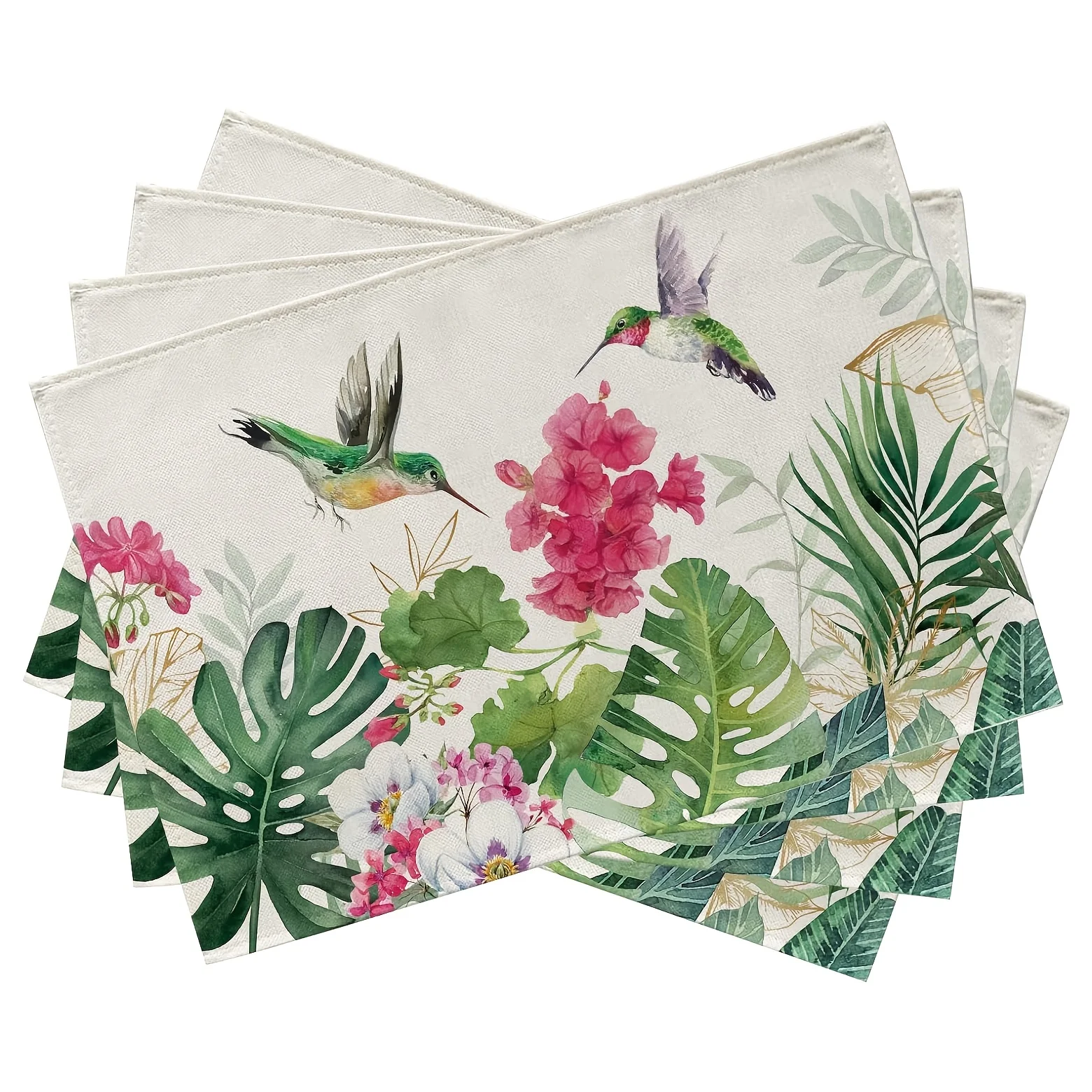Set of 4, Spring and Summer Geranium Flower Placemats, 12×18 Inch Red Floral Hummingbird Palm Leaf Monstera Table Placemats