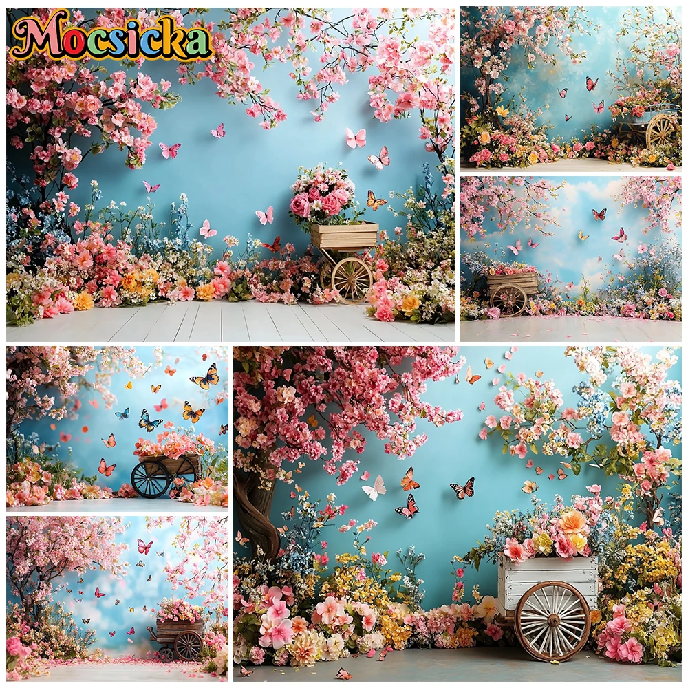 Mocsicka Spring Flowers Photography Background Butterfly Decors Photo Portrait Backdrops Studio Wedding Birthday Party Wallpaper