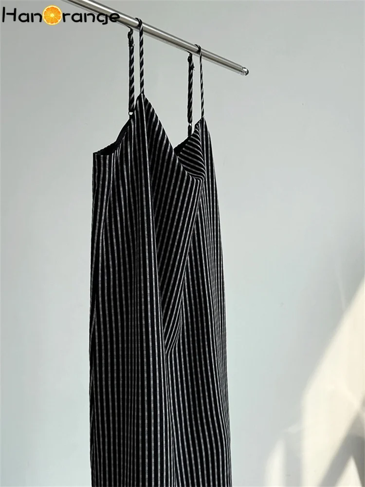 HanOrange 2025 Vestido camisola listrado primavera verão em camadas vestido versátil vestido evasê damasco/preto