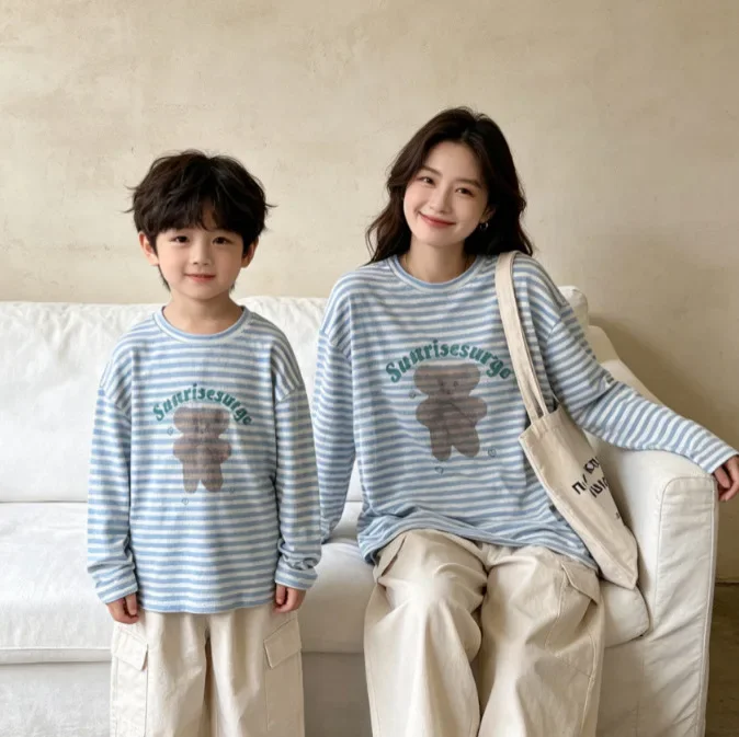 2026 Summer Mommy and Me Matching Striped Bear Print Tee Family Outfit Casual Long Sleeve Top for Mom Dad Daughter Son