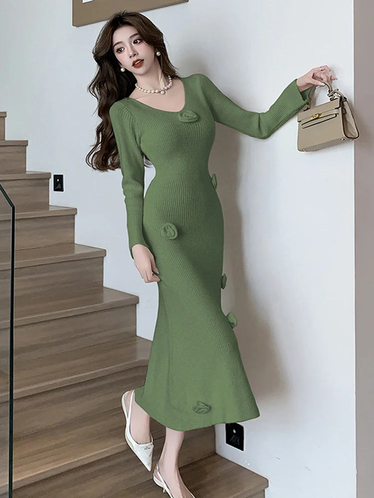 French Vintage Style New Autumn Winter Solid High End Design Sweater Dress Women O Neck Long Sleeve Appliques Knit Long Dresses