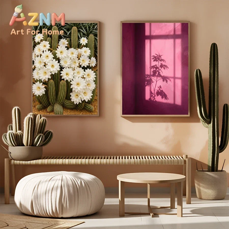 Botanical Wall Art Poster Pink Window Plant Shadow Cactus White Flower Canvas Print Nature Wall Decor for Bedroom Living Room