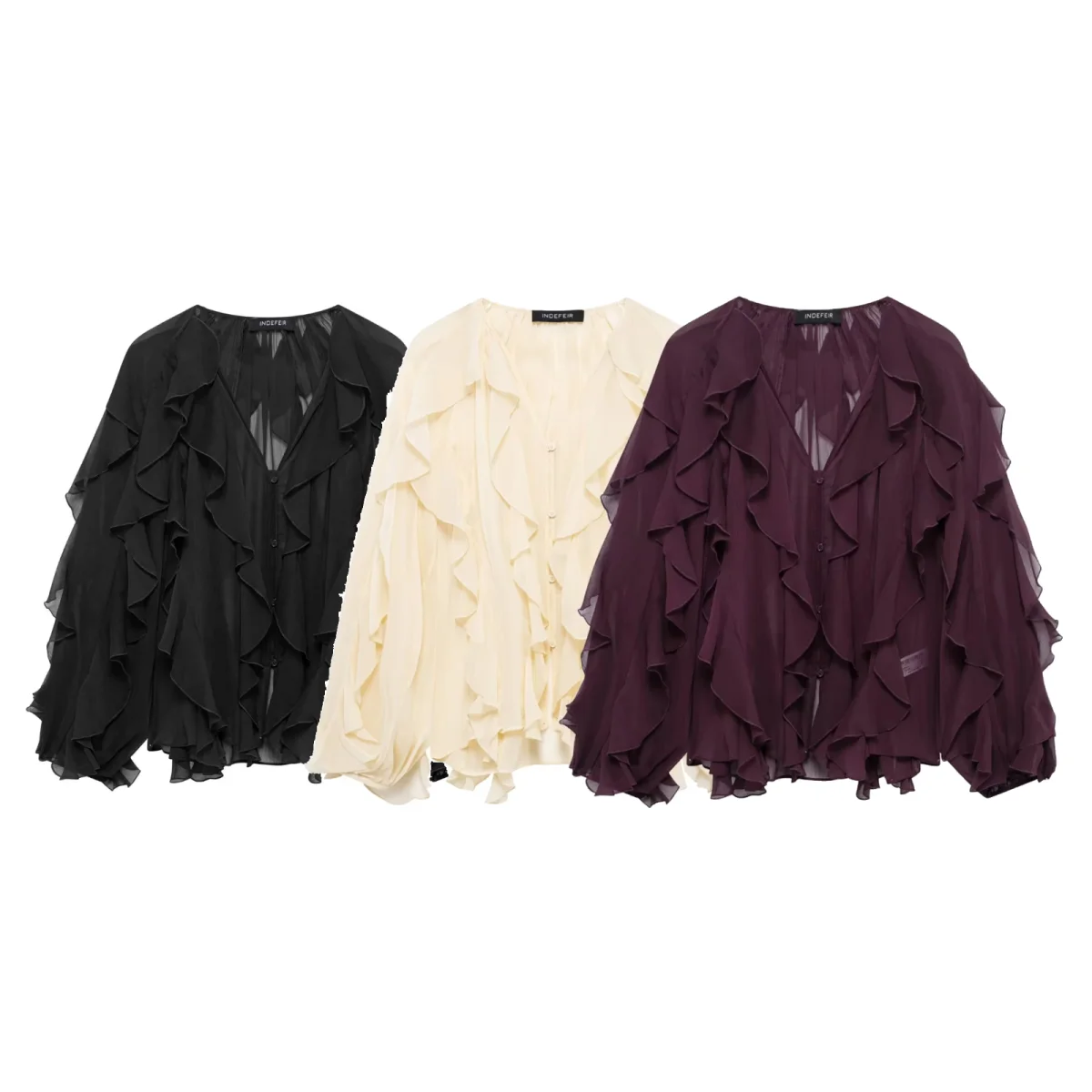

TRAFZA 2025 Spring Woman Ruffled Blouse Semi-sheer V Neck Long Sleeve Button Shirts Solid Elegant Casual Basics Tops Clothes