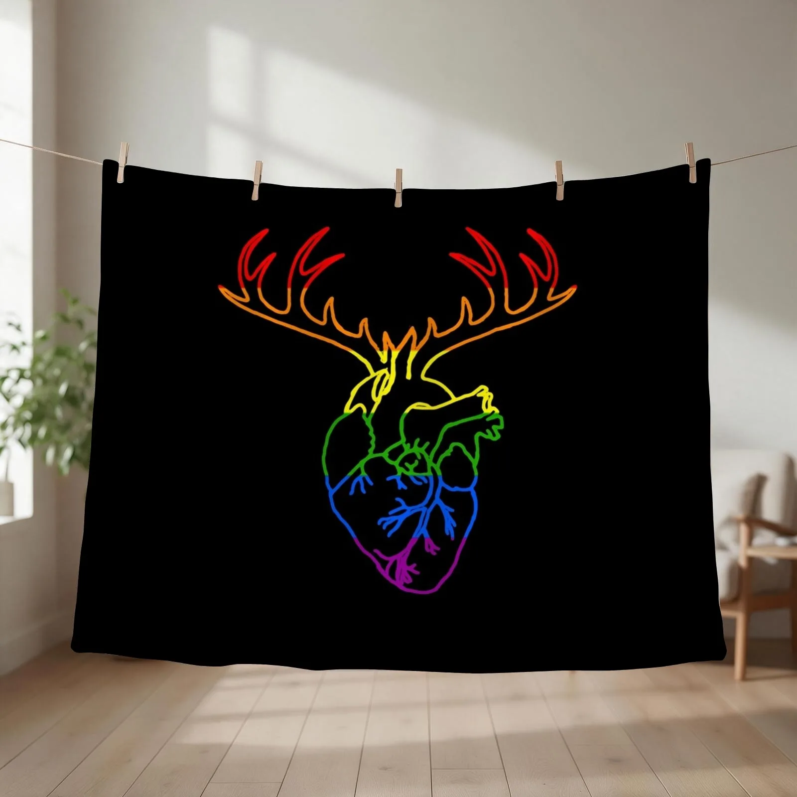 rainbow antlered anatomical heart black Throw Blanket couch cozy soft plush fuzzy picnic outdoor blanket