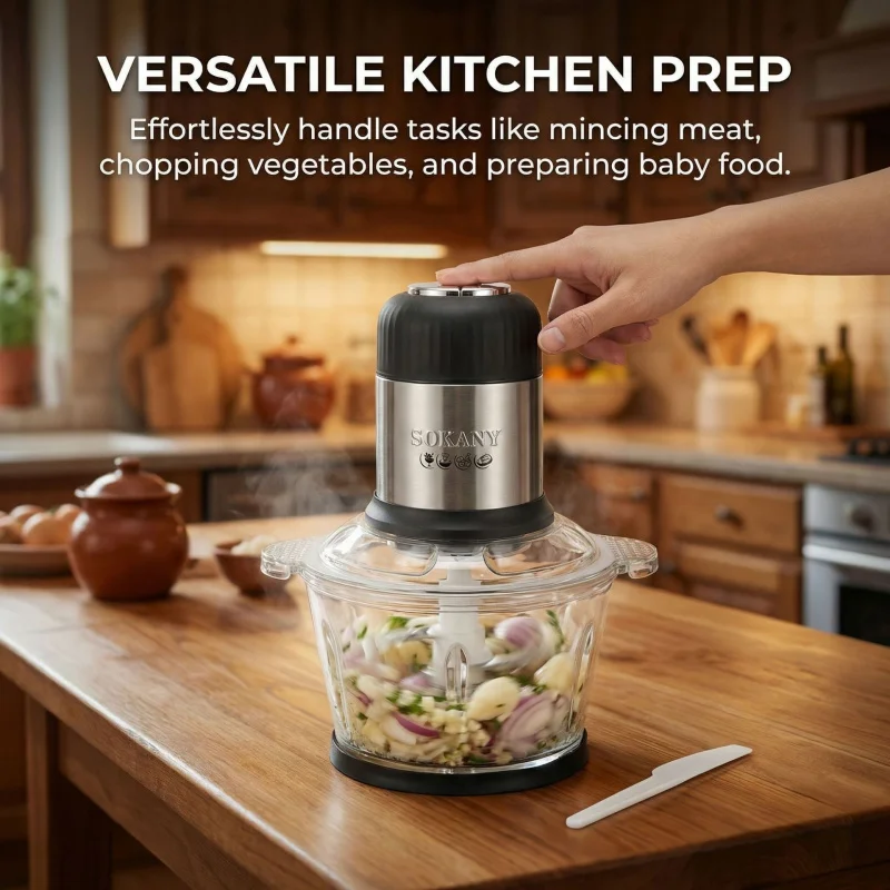 800W Electric Food Chopper, 2L Glass Bowl 4-Blade Multifunctional Meat Grinder, Baby Food Processor for Home