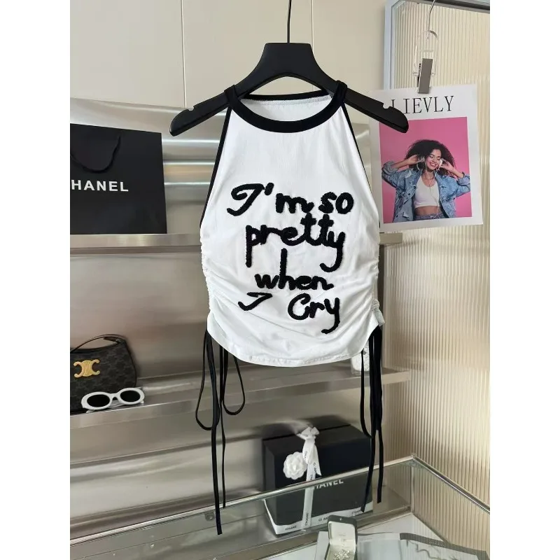 

Street Hottie Camisole American Fashion Letter Embroidered Vest Fashion Drawstring White Tank Women Chic All Match Short Tops