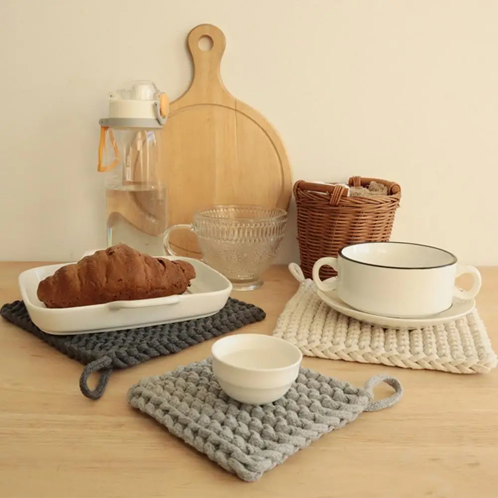 Anti-scalding Drink Mats Handwoven Cotton Rope Coaster Set Minimalist Square Table Placemats Heat-resistant Non-slip for Home