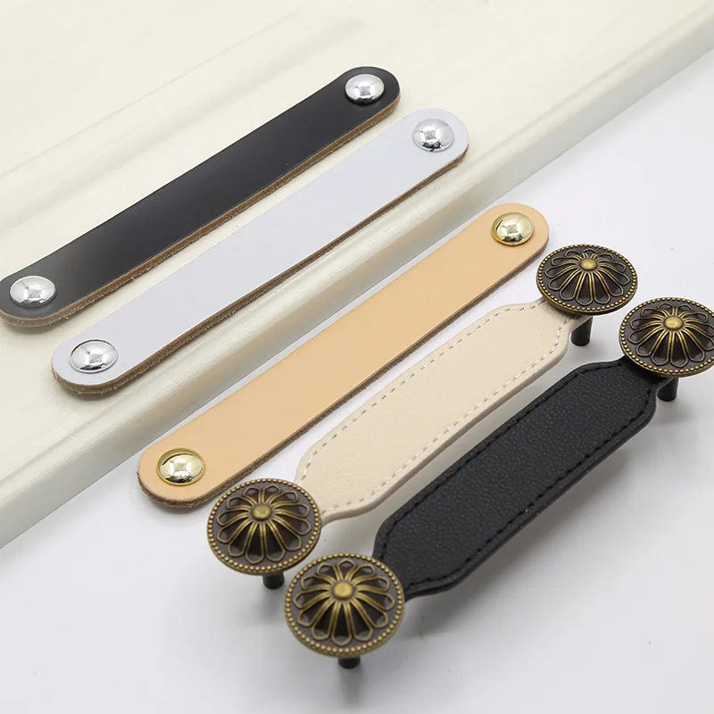 Nordic Cowhide Wardrobe Drawer Door Leather Handle Modern Pull Furniture Cabinet Door Handles Kitchen Wardrobe Cabinet Knobs