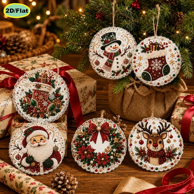 Christmas Theme Pearl Diamond Painting Set 2D Flat High Definition Print Wooden Tag Pendant Full Kit with Hand Drilling Material
