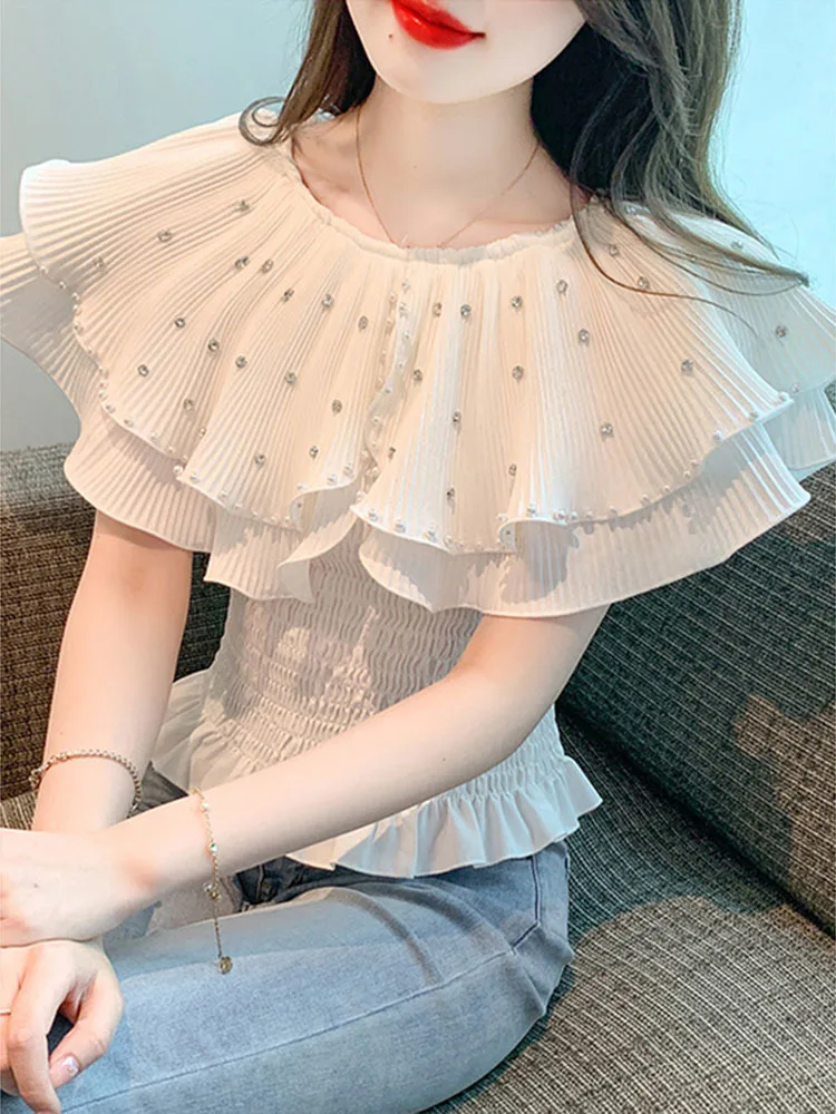 Summer Fashion Nail Bead Inlaid Diamond Sweet Lotus Leaf One-line Collar Slim Short Blouse Women\'s Tops