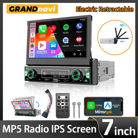 1DIN 7Inch MP5 Car Radio Player FM AM RDS Automatic Retractable IPS Touch Screen Wireless CarPlay Android Auto Car Stereo GPS