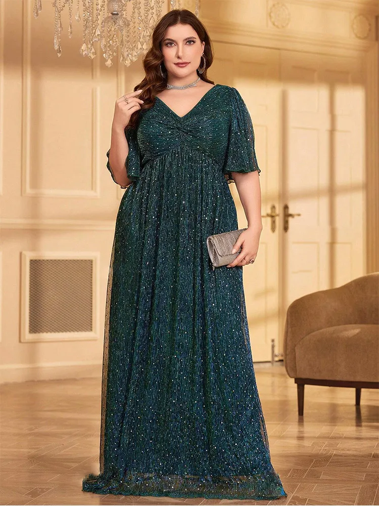 Plus Size Green Colorful Short-Sleeved Floor-Length Evening Dress 4xl 5xl Big Size Chiffon Shiny Evening Prom Dress For Women