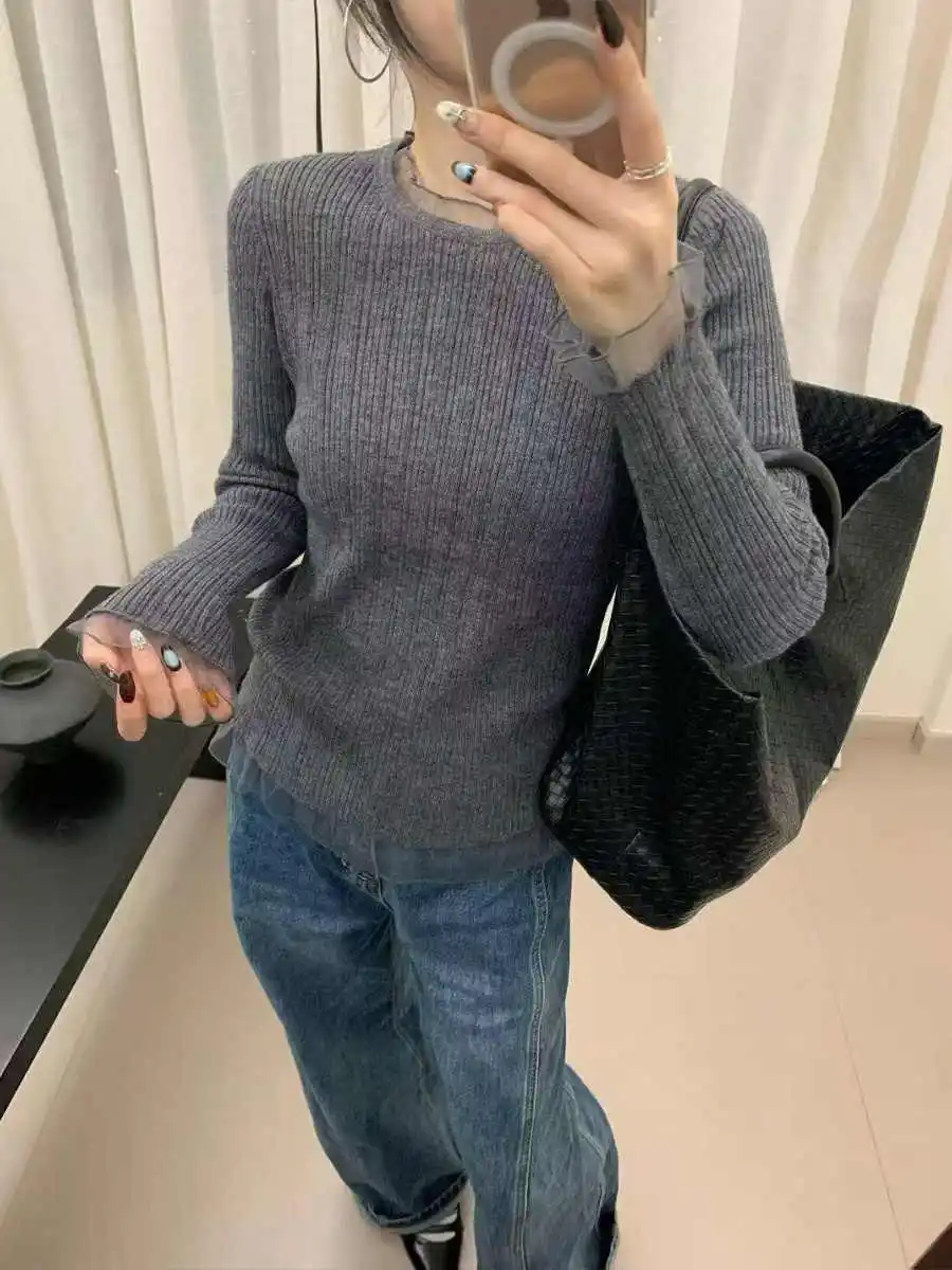 Sweaters New Long Sleeve Knitted Sweater Women Pullovers Slim O-Neck Lace Knit Sweater Pullover Women Tops Sueter Feminino Q2132