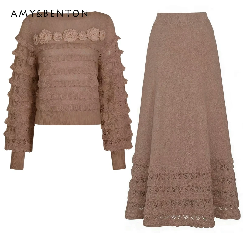 

2026 Spring Autumn New Fashion Women's Knitted Pullover Top Original Design Stylish Versatile A-line Long Skirts Sets Ladies